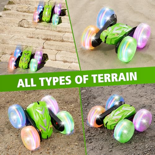 Amicool Remote Control Car for Boy 6-12 with Flashing Light, 6 7 8 9 Years Old Boy Toys, Race RC Cars Stunt Drift 4WD 2.4Ghz Double Sided 360° Flip, Boys Gift Idea for Kids Birthday Christmas, Green - color: Green