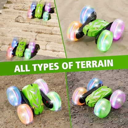 Amicool Remote Control Car for Boy 6-12 with Flashing Light, 6 7 8 9 Years Old Boy Toys, Race RC Cars Stunt Drift 4WD 2.4Ghz Double Sided 360° Flip, Boys Gift Idea for Kids Birthday Christmas, Green - color: Green