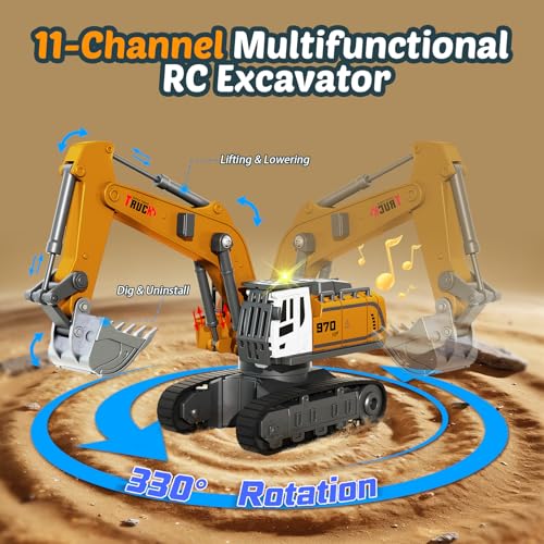 Mini RC Excavator and Dump Truck 1:64 Scale for Kids Adults | Desktop Alloy Remote Control Construction Vehicles with Lights, Sound, Variable Speed, Includes Traffic Signs and Play Mat