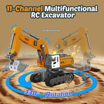 Mini RC Excavator and Dump Truck 1:64 Scale for Kids Adults | Desktop Alloy Remote Control Construction Vehicles with Lights, Sound, Variable Speed, Includes Traffic Signs and Play Mat