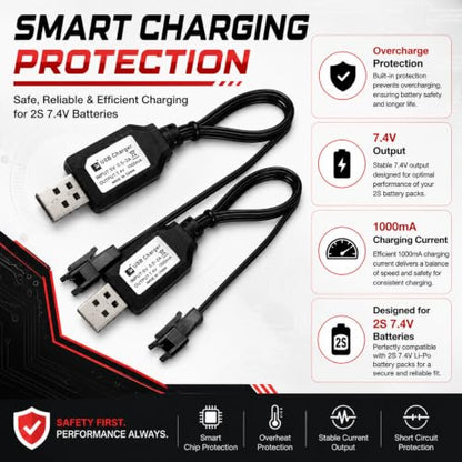 7.4V SM-3PIN RC Car Charger for Li-Ion Battery | Fast Charging & Overcharge Protection | Compatible with Remote Control Toys Battery, Universal Charger for 2S 7.4V LiPo/Li-Ion Batteries (2Pack)