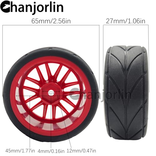 RC 1/10 On Road Touring Tires & Wheels 12mm Hex Hard Plastic Rims OD 65mm Street Racing Tyre for 1:10 1/12 Rally Drift Car Tamiya TT01 TT02 Traxxas XV02 XV01 HPI KYOSHO PTG2 4PCS (Red) - color: Red