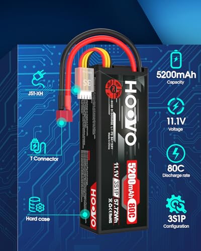 HOOVO 3S Lipo Battery 11.1V 80C 5200mAh RC Battery Hard Case with T Plug | for RC Cars RC Truck Helicopter Airplane