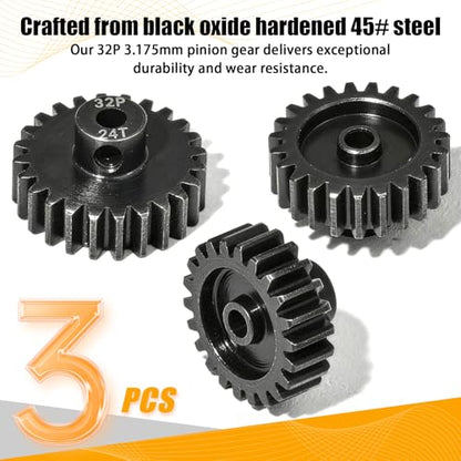 3PCS 32P Pinion Gear #45 Hardened Steel 3.175mm - 22T 23T 24T 0.8M Motor Pinion Gear Set for 1/10 RC Car, Compatible with Traxxas Arrma Tamiya Losi Brushless Brushed Motor Upgrade Parts - size: 22 23 24T