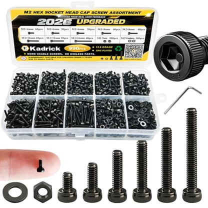 Kadrick M2 Metric Screws Kit 990PCS, Optimized Assortment with More Screws & Smarter Size Distribution, Class 12.9 Socket Head Cap Screws, Black Zinc Plated M2 Bolts for Electronics & 3D Printing - size: M2 990Pcs New