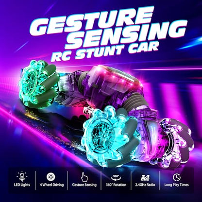 Tecnock Remote Control Car for Boys Girls, 2.4GHz 4WD Gesture Sensing RC Stunt Car Toys - 360° Rotating Double Sided Hand Controlled RC Cars with LED Lights, Gifts for Kids Ages 6-8, 8-12 - color: Purple