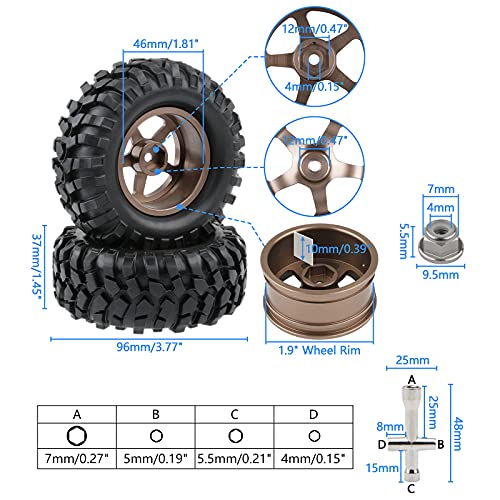 1.9 Tires and Wheels 12mm Hex for Traxxas Stampede | 1/10 RC Crawler Tires, 96mm OD, Aluminum Lock Nuts, Wrench - color: Titanium Gold