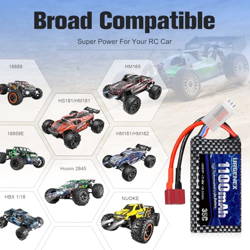 Lipo Battery 7.4V 1100mAh 35C(Burst 70C) Dean-Style T Plug 2S Rechargeable RC Battery Fit for HAIBOXING BEZGAR Truck HBX 16889 16890A 18690SA 3100A HS181 HM181 HM165 Most 1/10 1/16 1/18 RC Car