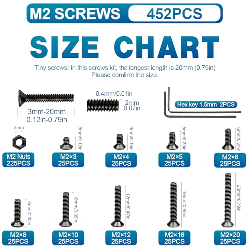 NINDEJIN M2 Screws, Metric M2-0.4 Flat Head Allen Socket Drive Screw, 452 pcs M2 Tiny Nuts Assortment Kit for 3D Printing Projects, RC Airplanes and Other Small Projects (9 Screw Lengths) - size: 452Pcs M2 3mm-20mm