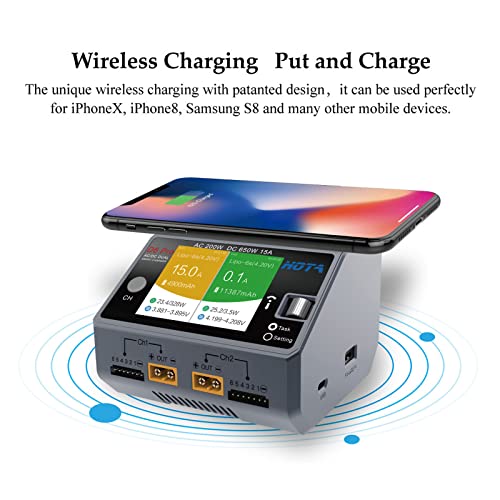 HOTA D6 Pro Balance Charger: Dual Ports Smart Charger with Phone Wireless Charging for Lipo Battery Li-ion LiHv Nicd NiMH Battery RC Car Drone Support AC/DC Input （Transparent Blue）