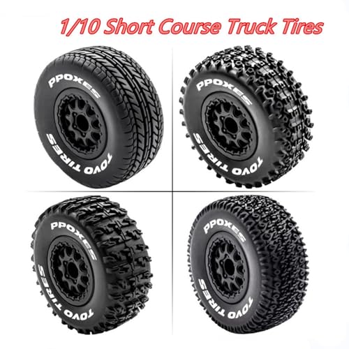 1/10 RC Short Course Truck Tires OD 110mm and Wheels 12mm Hex OD 4.41" RC Off Road Tyres for 1:10 Scale RC Truck Car Traxxas Slash 2WD 4×4 Rc4wd Arrma Senton Axial Losi Redcat 4PCS