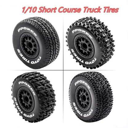 1/10 RC Short Course Truck Tires OD 110mm and Wheels 12mm Hex OD 4.41" RC Off Road Tyres for 1:10 Scale RC Truck Car Traxxas Slash 2WD 4×4 Rc4wd Arrma Senton Axial Losi Redcat 4PCS