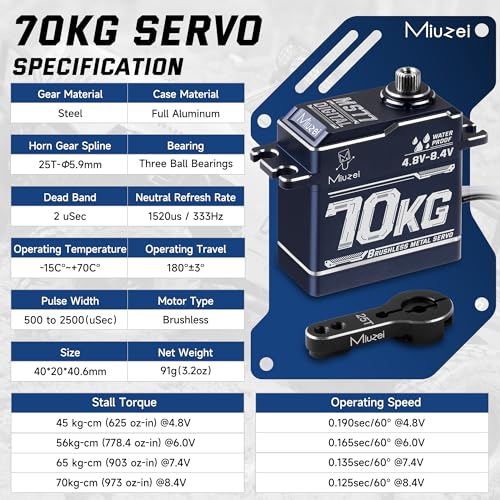 70kg Brushless Servo Motor High Torque for 1/8 1/10 RC Car Crawler | 70kg.cm Torque, 0.12sec/60° Speed. IP67 Waterproof, Metal Gear, 180°Digital Steering Servo with 25T Horn for RC Robot Boat
