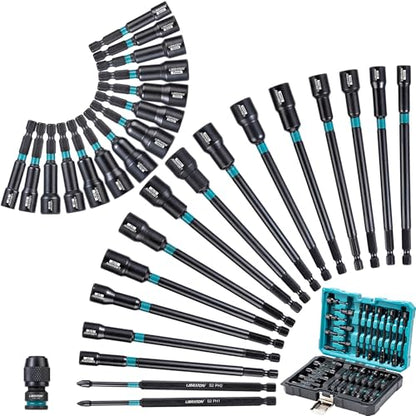 LIBRATON 31PCS Magnetic Nut Driver Set, 1/4" Impact Drill Driver Bit Set | Long Nut Drivers 6INCH, Metric & SAE Nut Drivers for Impact Drill, Socket Set, Impact to Hex Converter, PH1, PH2, Storage Box - style: 31PCS