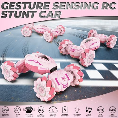Dysaim Gesture RC Car, Gesture Sensing RC Stunt Car Toys for Kids 6-12 yr, 2.4GHz 4WD Hand Remote Control with Lights Music, Off-Road 360° Rotation Drift for Birthday Toy Gifts - color: Pink
