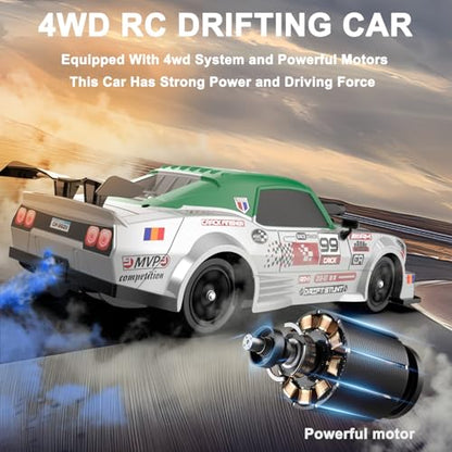 RC Drift Car 1:16 Scale 4WD High Speed Remote Control Cars Vehicle 2.4GHz with LED Lights Two Batteries and Drifting Tires Racing Sport Toy Cars for Adults Boys Girls Kids - color: F-green