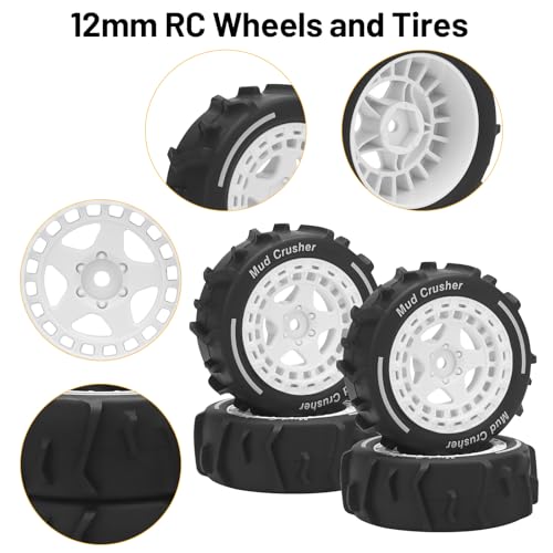 1/14 RC Wheels and Tires, daitoku 12mm Hex Hub RC Car Beach Tires for ARRMA 1/14 Typhon GROM - White - color: White