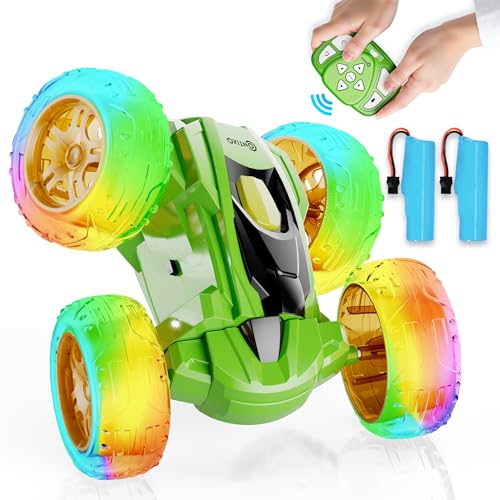 Contixo SC3A Toy Remote Control Car for Kids with Double-Sided 360° Rotating Stunt, 4WD Off-Road RC Cars with LED Lights, Birthday for Boys and Girls Ages 4 5 6 7 - Green - color: Green