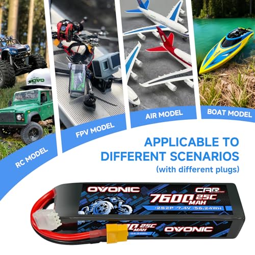 OVONIC 2S Lipo Battery 7.4V 7600mAh 25C with TRA Connector for RC Car Truck Vehicles Boat Drone Airplane Quadcopter Helicopter FPV Racing Hobby Models Pro Truck Boat Jet Basher 2 Batteries