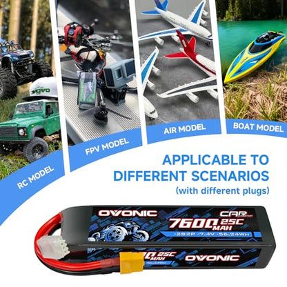 OVONIC 2S Lipo Battery 7.4V 7600mAh 25C with TRA Connector for RC Car Truck Vehicles Boat Drone Airplane Quadcopter Helicopter FPV Racing Hobby Models Pro Truck Boat Jet Basher 2 Batteries