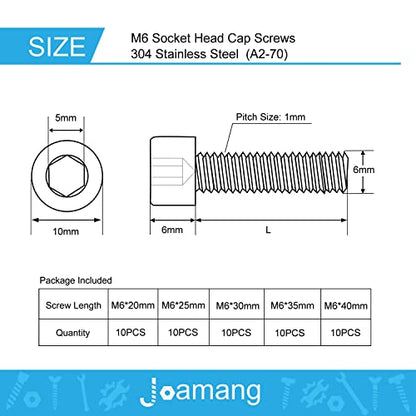 M6 x 20mm 25mm 30mm 35mm 40mm Socket Head Cap Screws Bolts, Stainless Steel 304, Metric Allen Hex Drive, Bright Finish, Fully Threaded, Assortment Kit 50PCS - size: Socket M6x20-40 mm