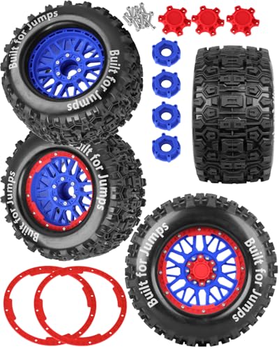 1/8 1/10 17mm Hex RC Truck Tires,Wheels and Tires for 1/10 E-Revo T-Maxx Summit,1/8 Kraton Outcast 6S,Sledge,Buggy Rubber Tyres and Rims w/Foam Insert for RC Off-Road Car,Navy Blue-Red - color: Navy Blue&red(4pcs)