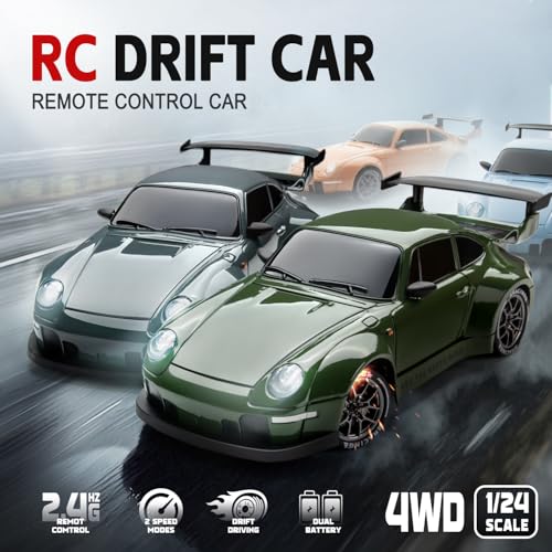 Drift RC Car Kit - 1/24 4WD 2.4GHz Remote Control Green Sports Car | with Widebody Design for Kids Beginner Drift Enthusiasts, LED Lights, Extra Racing Tires, 2 Rechargeable Batteries - color: Green