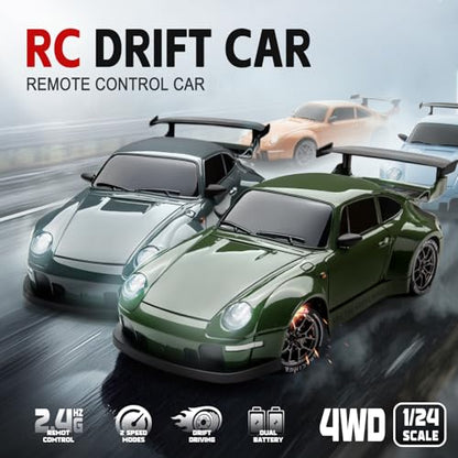 Drift RC Car Kit - 1/24 4WD 2.4GHz Remote Control Green Sports Car | with Widebody Design for Kids Beginner Drift Enthusiasts, LED Lights, Extra Racing Tires, 2 Rechargeable Batteries - color: Green