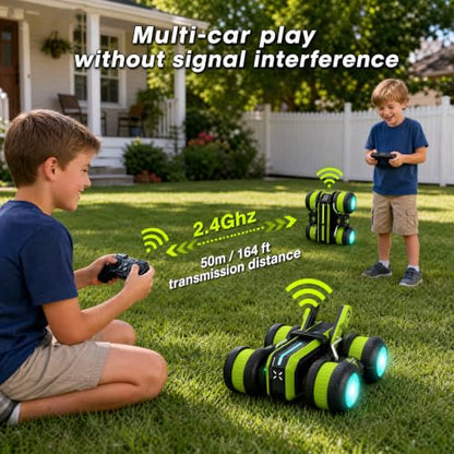 High Speed RC Stunt Car 25KM/H, 2.4GHz 4WD Remote Control Drift Car | Upright & Side Driving, One-Click Auto Stunts, Tire Flipping, 360° Rotation, Birthday Toy Gift for Kids Boys Ages 4-12 - color: Green
