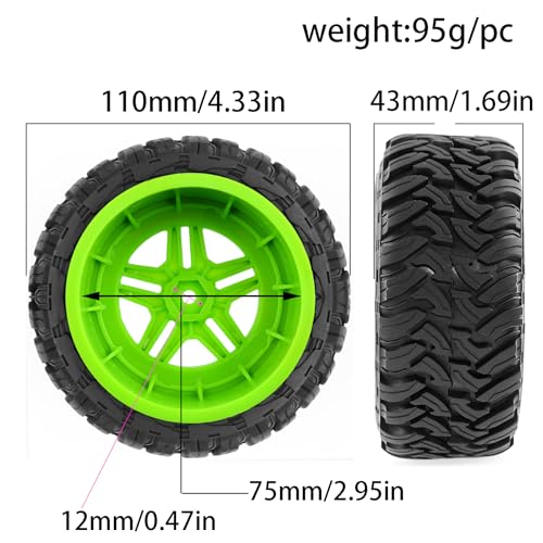 REDSPIDER•1/10 12mm Hex Short Course SC Trucks Wheels and Tires（4pcs） OD 4.3''for 1/10 RC Off-Road Car Traxxas TRX4 Slash Arrma Losi Tenacity Vkar 10sc Hpi RC Buggy Car (Green) - color: Green