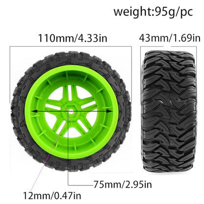 REDSPIDER•1/10 12mm Hex Short Course SC Trucks Wheels and Tires（4pcs） OD 4.3''for 1/10 RC Off-Road Car Traxxas TRX4 Slash Arrma Losi Tenacity Vkar 10sc Hpi RC Buggy Car (Green) - color: Green
