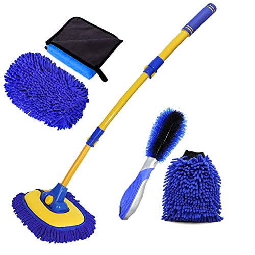 BMLEI Car Wash Brush with Long Handle, 15° Curved Cleaning Mop Car Wash Kit | Microfiber Replacement Head, Car Duster Exterior, Extension Pole, , Scratch-free, Car Cleaning Brush for Cars Trucks RV Boats - color: 5pcs Blue Mop Washing Set