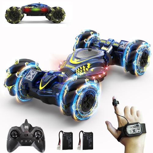 Gesture RC Car,1:24 4WD Transform Off-Road Stunt Car with Gesture & Remote Control, 360° Flips Drift Vehicle with LED Lights Music, All Terrain Toy Cars Gifts for Boys Girls Age 6-12 - style: 1:24 Blue