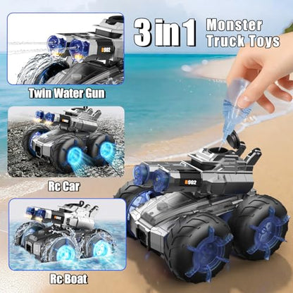 3-in-1 Amphibious RC Car & Boat 4WD All-Terrain Stunt Car | Gesture Sensing RC Trucks Toys Built-in Water Gun Swimming Pool Toys Birthday Gifts for 8 9 10 11 12 +Year Old Boys Girls - color: Blue