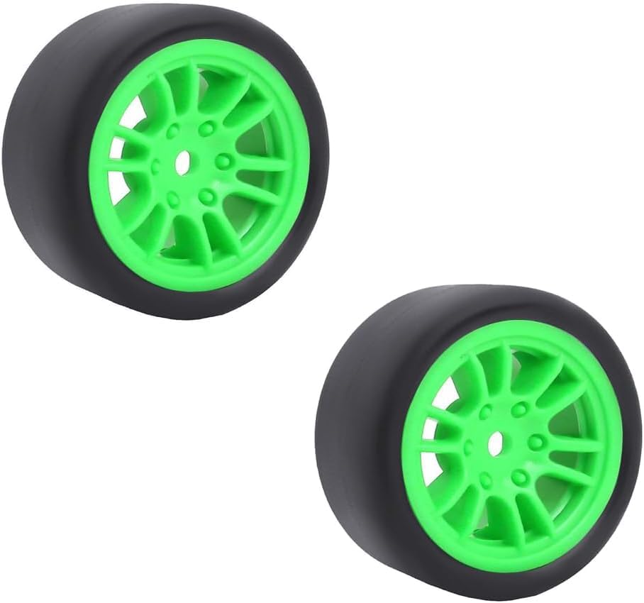 4PCS Pre-Mounted On-Road Drift Racing Smooth Rubber Tires and Wheel Rims Set 7MM Hex for 1/28 Losi Micro-T WL244016 RC Car Upgrades Parts (Green) - color: Green