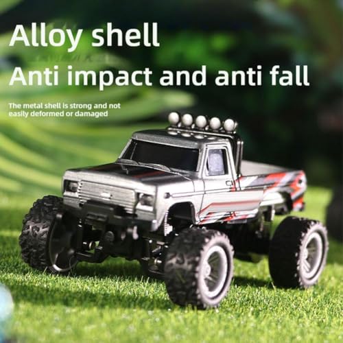 Mini RC Car, 1/64 Scale Mini Remote Control Monster Truck with Trailer, 2.4Ghz & APP Remote Control Rechargeable Alloy Shell RC Cars with Lights, Speed/Steering Adjustable (Gray) - color: Gray