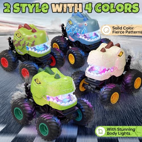 Drefirsa Remote Control Car for Boys 4-7 8-12, Dinosaur Monster Truck Toys with 50min+ Runtime, Spray, LED Light, 360° Rotating & 90° Driving, RC Stunt Car for Kids Birthday | 50min+ Runtime,Stunt, Spray, LED Light, Rotating, Upright Driving, RC Stunt Car