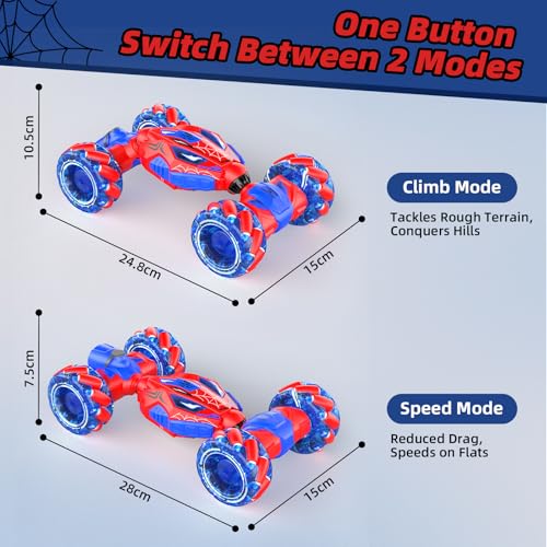 Unique 4WD 360° Rotating Gesture Sensing RC Stunt Car, Double‑Sided Driving RC Drift Car with Lights, Music & Spray, Kids Outdoor Cars Toys for Ages 6-12, Gifts for Boys 6-12,2 Replaceable Batteries - color: Red-spider