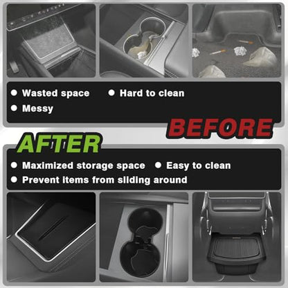 BestEvMod 3PCS Console Essentials Bundle for 2026 2025 Model Y Juniper | Trash Can Backseat Storage Box Garbage Rear Bin Can Rear Center Console Organizer & Wireless Charger Mat & Cup Holder Insert - size: 3 PCS - Essentials Bundle