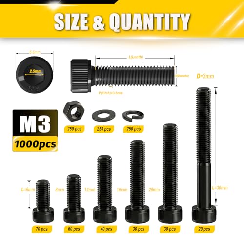 M3 Socket Head Cap Screws Assortment Kit 1000Pcs, M3x6/8/12/16/20/30mm Hex Bolts with Nuts & Washers, 12.9 Grade Alloy Steel Black Zinc, 3D Printing DIY Fastener Set - size: M3 Kit 1000pcs / 6 Sizes