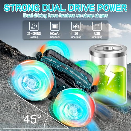 Remote Control Car - Double-Sided 360° Rotating, 4WD, 2.4GHz Rechargeable with LED Light and Music, RC Stunt Cars Toy for Boys and Girls on Birthdays Blue