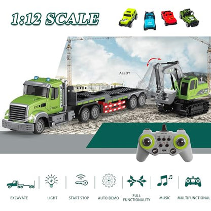 Fistone RC Semi-Trailer Truck & Excavator Toy Set, 1:12 Scale with Sound and Lights, 2.4Ghz Remote Control Flatbed Truck and Excavator Toys for Boys 6-12 Years Old - style: Truck & Excavator Toy