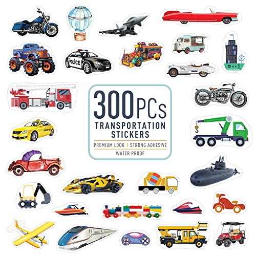 easykart labels 300 Cars and Trucks Stickers Party Supplies Pack, Boy Stickers, Vehicle Stickers with Fire Trucks, Construction, Buses, Airplane, and More