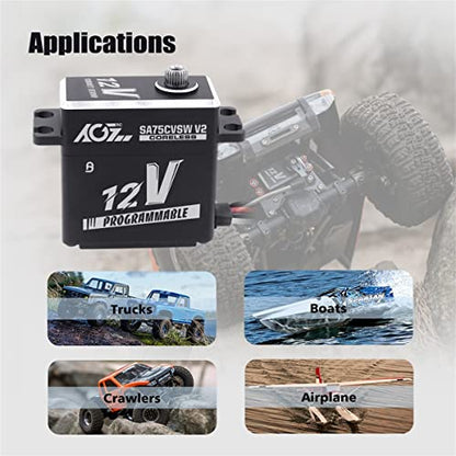 AGFRC SA75CVSW V2 45KG 12V Waterproof Servo for 1/8 RC Cars | 0.090Sec/60° @12V, Programmable, Coreless motor, Full Metal Gear, 180°, Fits 1/10 & 1/8 RC Cars/Trucks/Crawlers