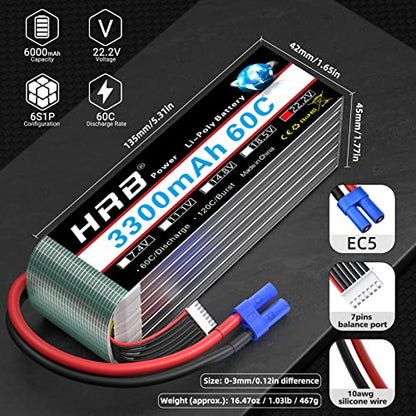 HRB 2PCS 6S 3300mAh Lipo Battery EC5 60C 22.2V RC Compatible with RC Plane