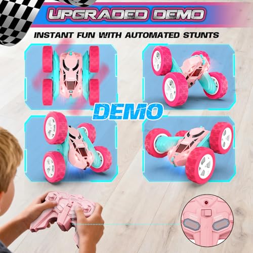 cosone Pink Remote Control Car for Girls | 2.4GHz RC Stunt Car, 360° Spins & Double Sided Driving, LED Lights, USB-C Rechargeable, One-Click Demo - color: Pink Pro