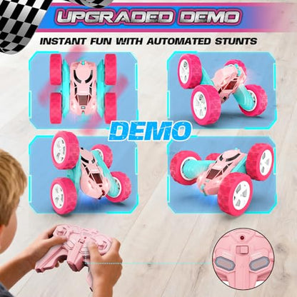 cosone Pink Remote Control Car for Girls | 2.4GHz RC Stunt Car, 360° Spins & Double Sided Driving, LED Lights, USB-C Rechargeable, One-Click Demo - color: Pink Pro