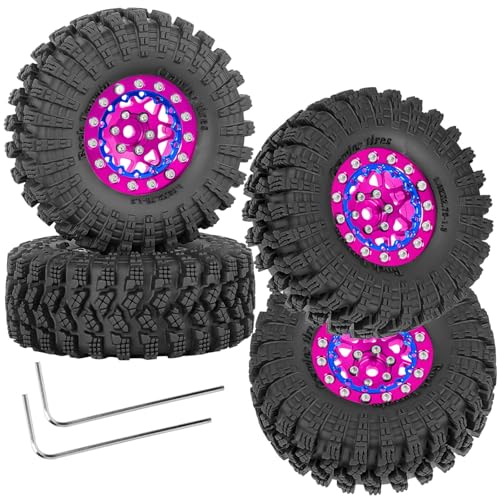 RC 1.3" Beadlock Wheel Tires Set/RC Wheels and Rim for 1/18 1/24 Trx4m SCX24 FCX24 RC Crawler Car,Aluminum 1.3 Wheel Rim Soft Rubber Tires w/Wheels Ring,Pink - color: Pink- (Wheel Tires)