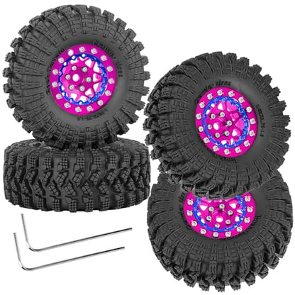 RC 1.3" Beadlock Wheel Tires Set/RC Wheels and Rim for 1/18 1/24 Trx4m SCX24 FCX24 RC Crawler Car,Aluminum 1.3 Wheel Rim Soft Rubber Tires w/Wheels Ring,Pink - color: Pink- (Wheel Tires)