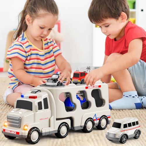 JUKUDAHU 5-in 1 Play Ambulance Toy, Toddler Truck Toys for Boys Ages 3-8 | Friction Powered Vehicle with Light and Sound, Police Car, Fire Truck, Ambulance, Helicopter, Birthday Gifts for Kids Ages 3+ - style: 5 IN 1 Ambulance Truck